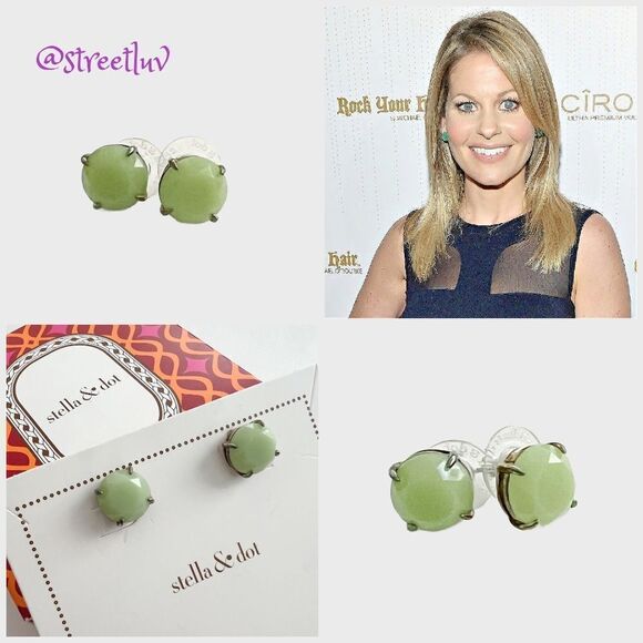 EUC Stella & Dot Janice Stud Earrings Sage Green Gold - Picture 1 of 5